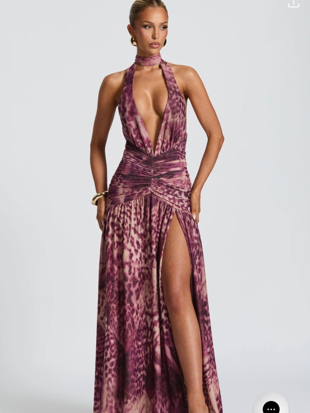 Plunging Halter Maxi Dress in Purple Leopard Print